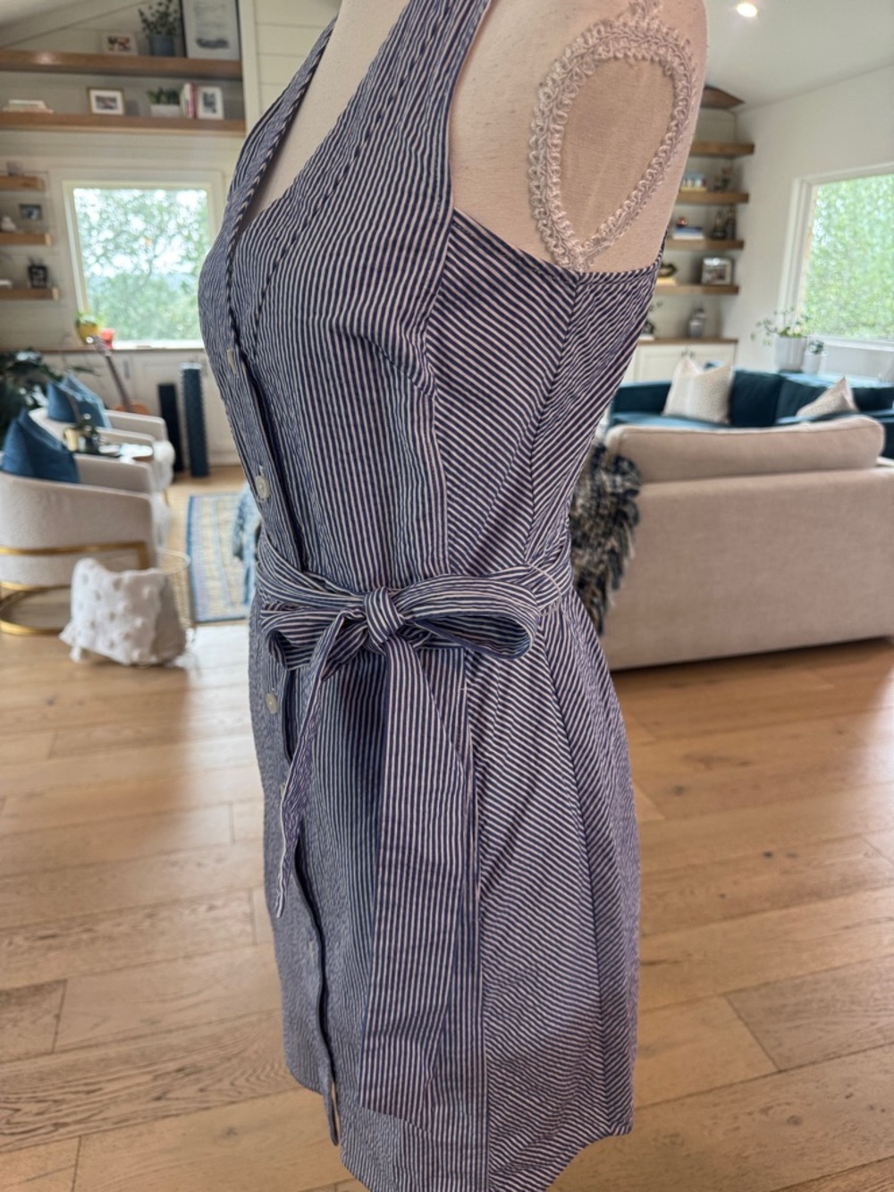 Rachael Ray Light Blue & White Striped Tie-Waist Midi Dress 👗 Spring Dress - Picture 8 of 8
